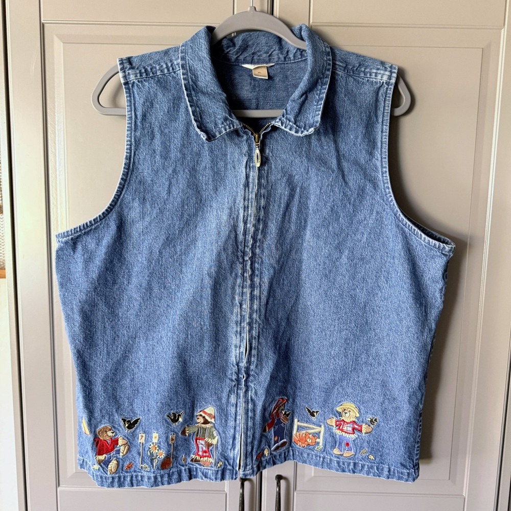 Christopher & Banks Vintage Teddy Bear Scarecrow Embroidered Denim Vest,Blue, XL